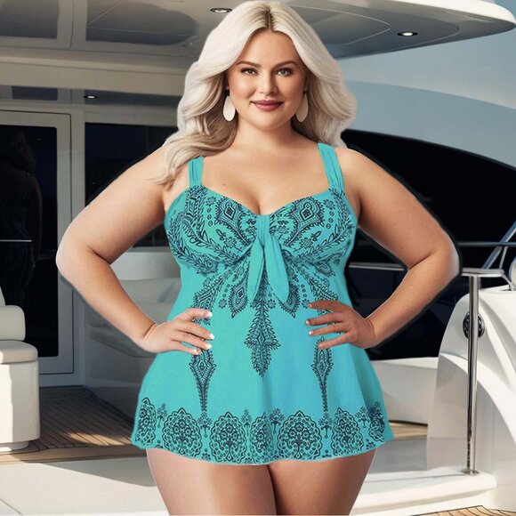 Plus 2pc Paisley Print Swimdress Womens Size 16-26 Teal Wide Strap Swimsuit Set - Picture 1 of 11